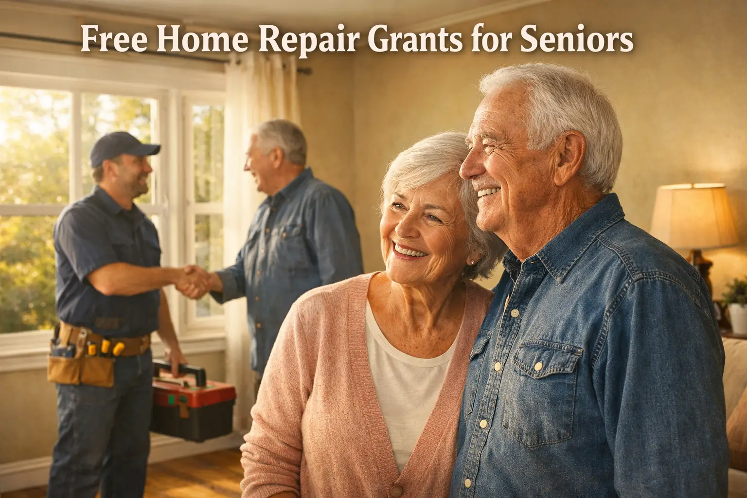 Elderly couple smiling in a newly repaired living room while a contractor shakes hands after completing home repairs