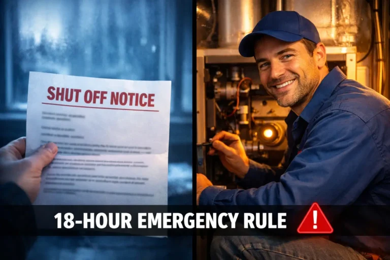 Hand holding a red shut-off notice letter contrasted with an HVAC technician repairing a furnace, representing the 18-hour emergency heating assistance rule