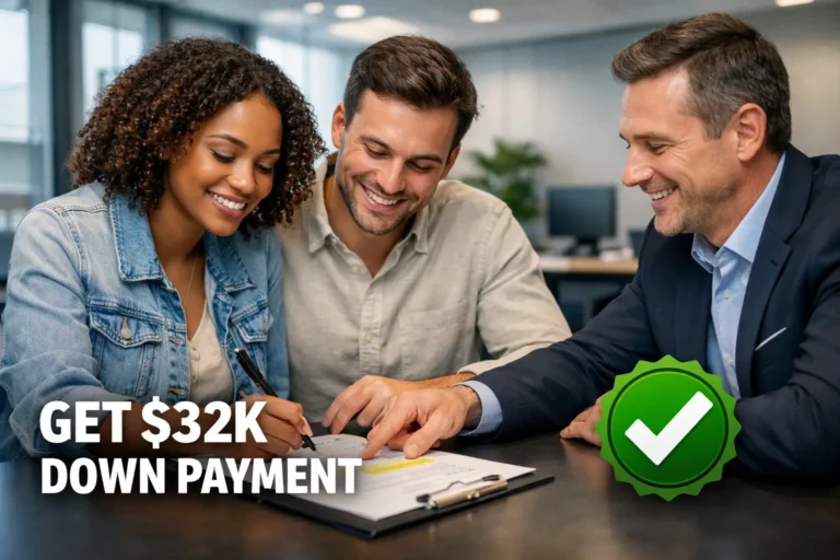 Young couple signing home loan documents with loan officer showing $32K down payment assistance approval