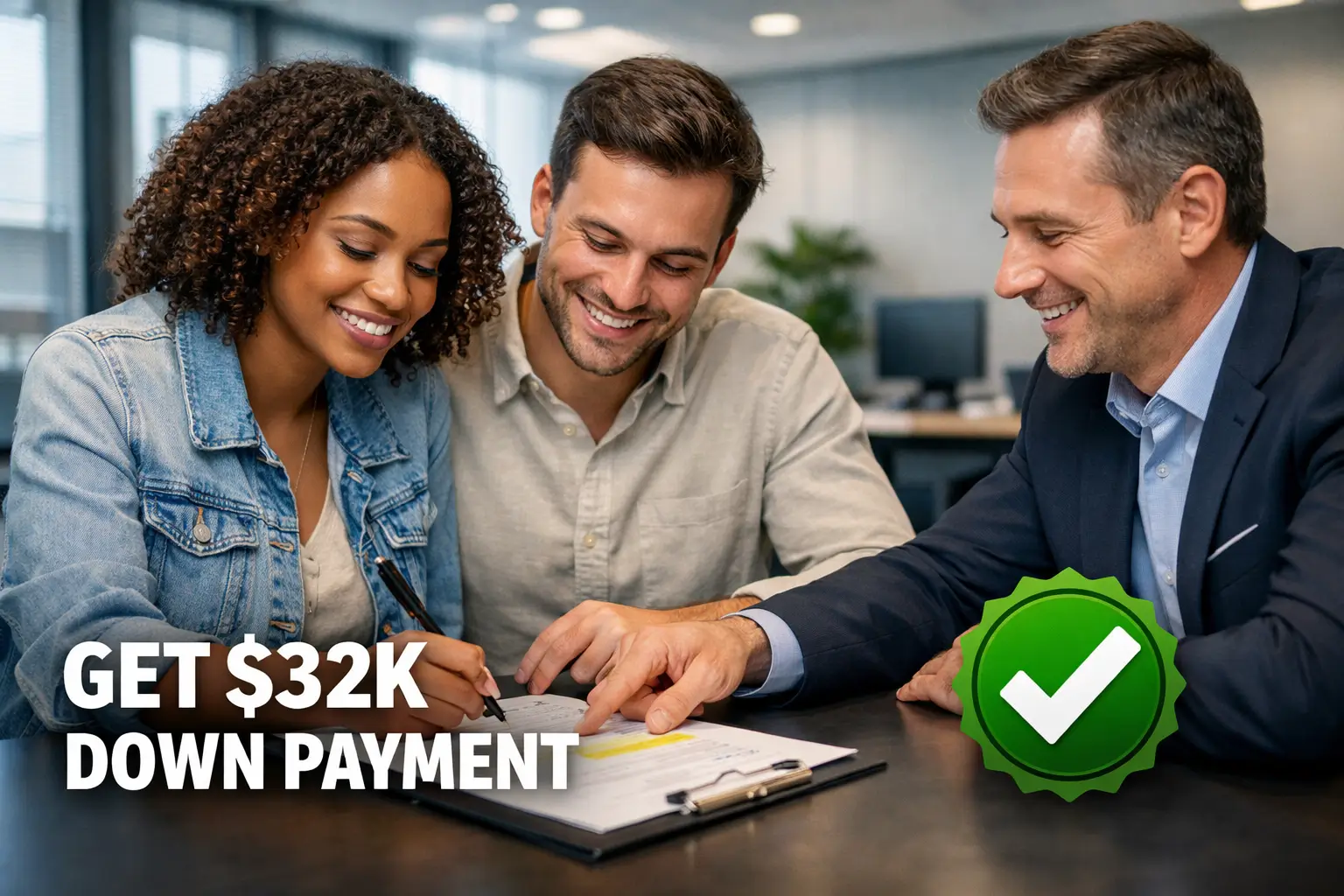 Young couple signing home loan documents with loan officer showing $32K down payment assistance approval