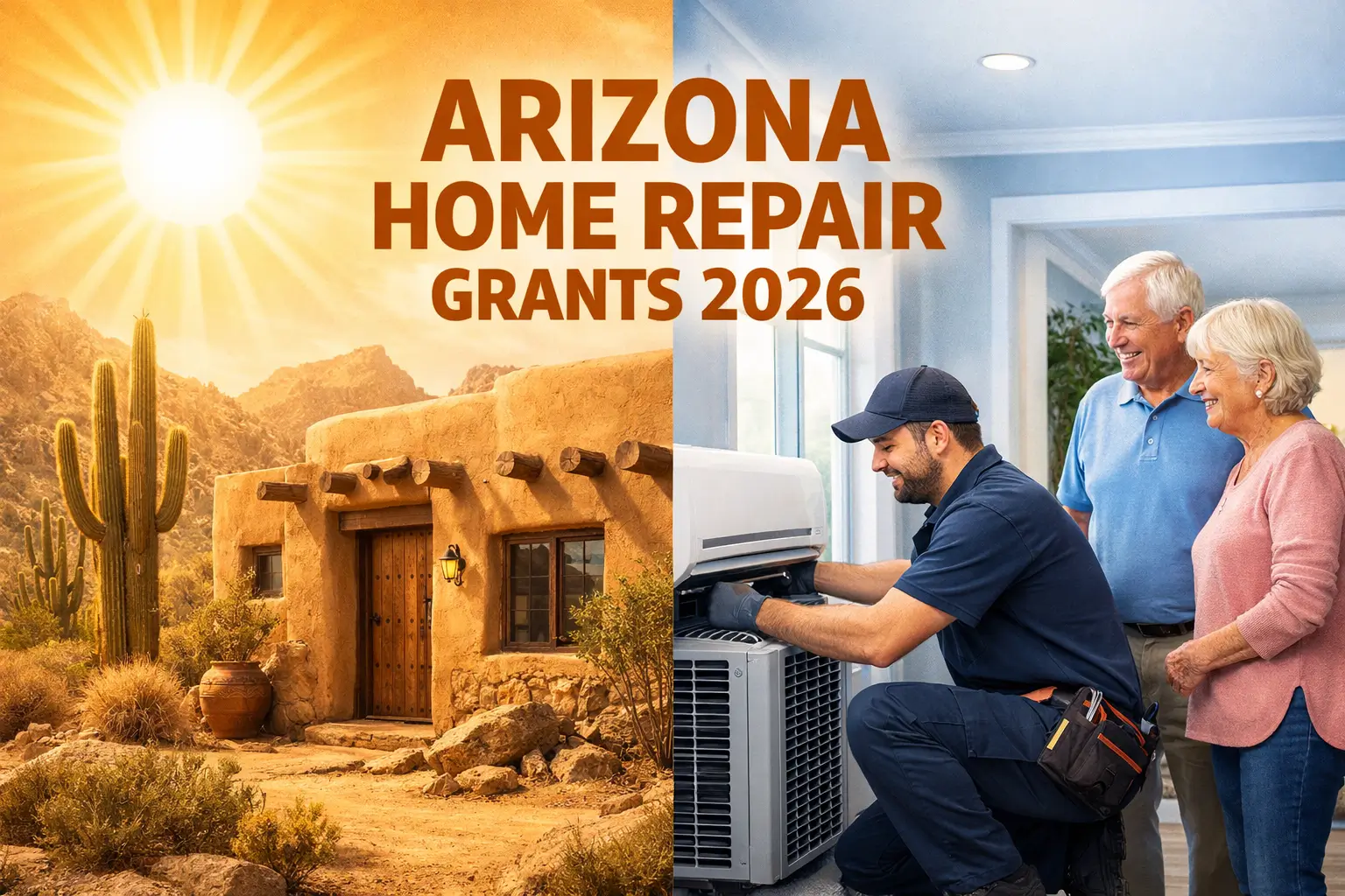 Split screen image of an Arizona adobe home under extreme heat and an HVAC technician installing a new AC unit for an elderly couple inside a cool home representing Arizona home repair grants 2026