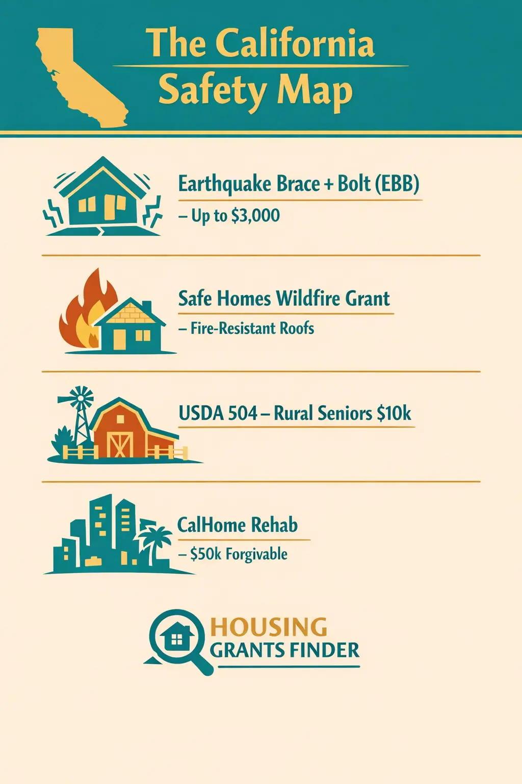 California safety map infographic showing earthquake, wildfire, rural senior, and CalHome housing grant programs for 2026