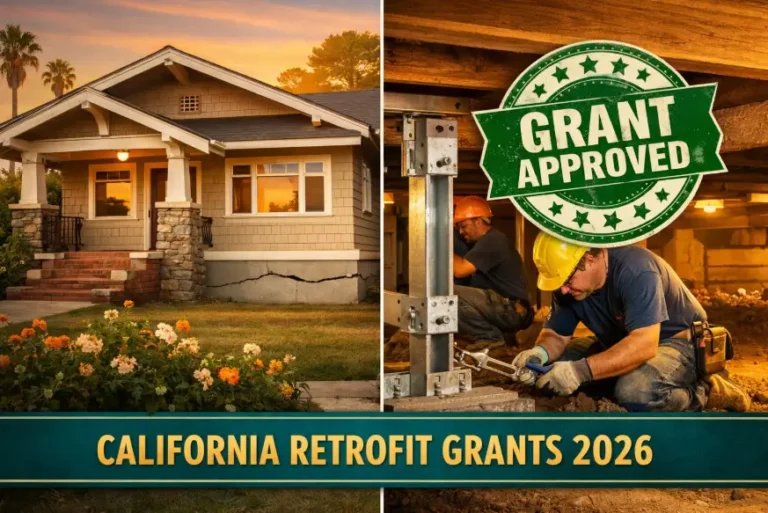 California bungalow with foundation crack and crawl space steel bracing installation under California retrofit grants 2026