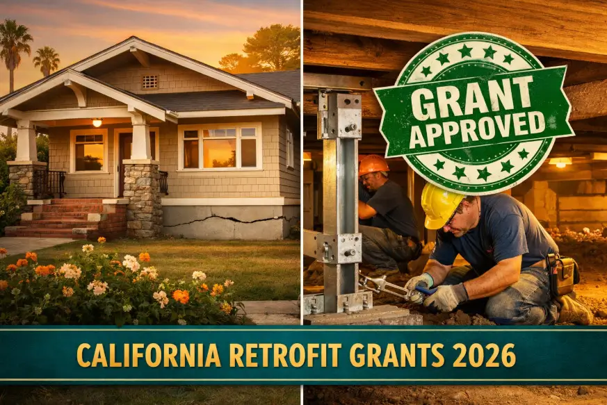 California bungalow with foundation crack and crawl space steel bracing installation under California retrofit grants 2026