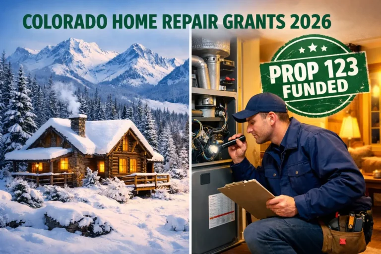 Colorado home repair grants 2026 showing snowy mountain cabin and contractor inspecting furnace under Prop 123 funding