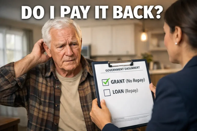 Confused elderly homeowner reviewing a government housing document showing grant with no repayment and loan with repayment option