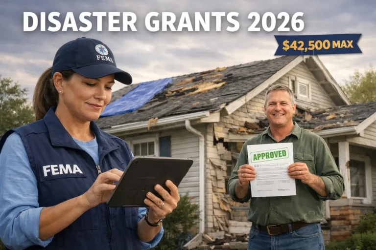 FEMA inspector using a tablet to inspect storm damaged house roof while homeowner holds approved disaster grant document showing FEMA assistance 2026