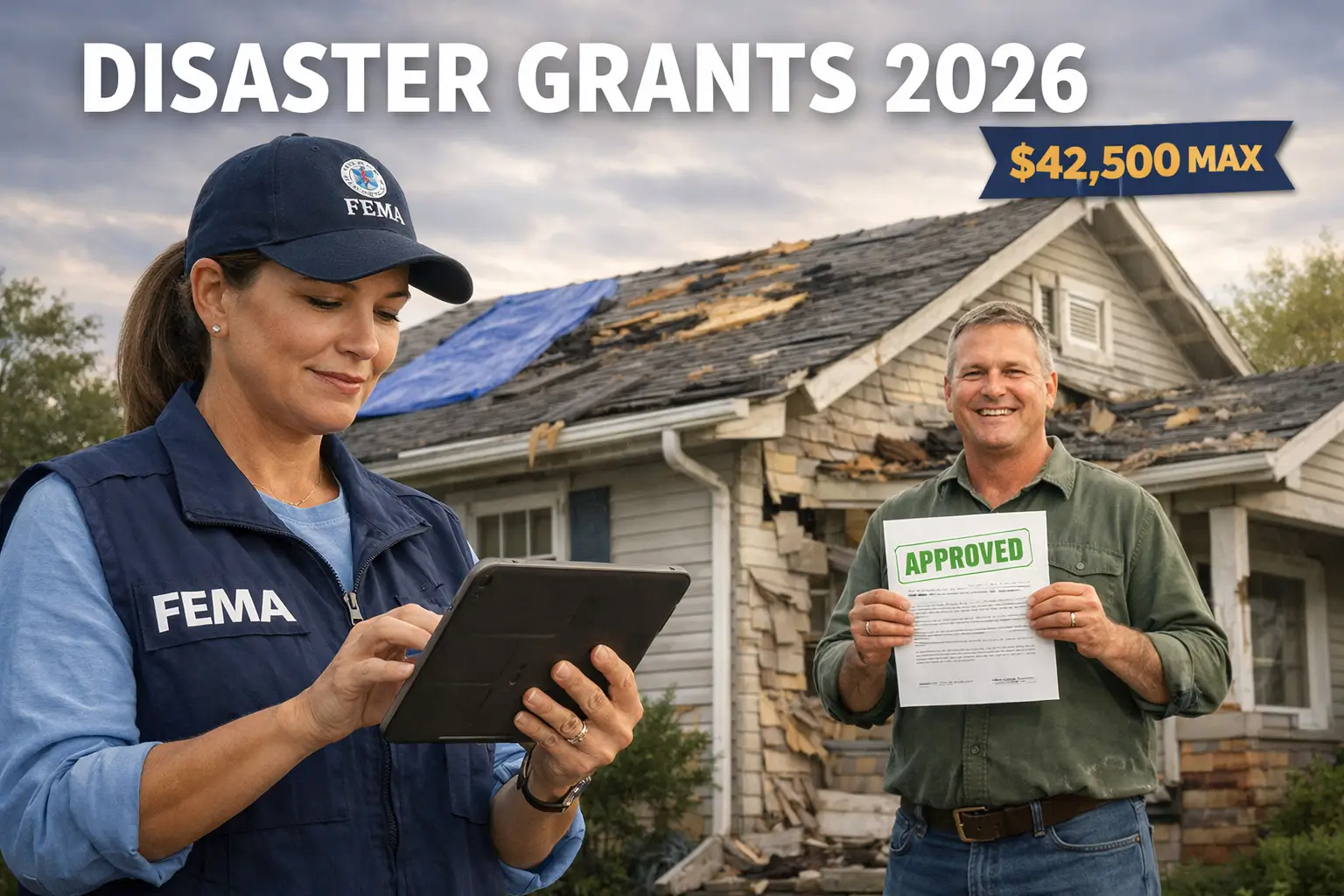 FEMA inspector using a tablet to inspect storm damaged house roof while homeowner holds approved disaster grant document showing FEMA assistance 2026