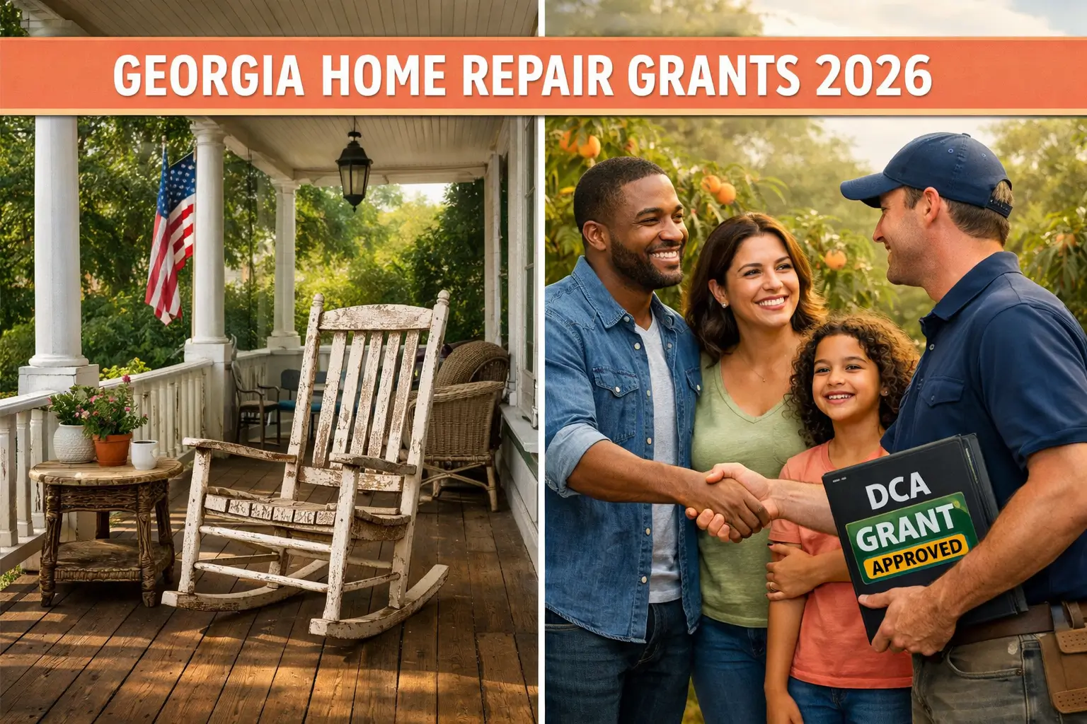 Split screen image of a weathered Georgia porch and a family shaking hands with a contractor holding a DCA Grant Approved folder under a sunny Georgia sky