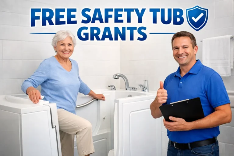 Elderly woman using a walk-in tub with contractor showing approval representing grants for walk-in tubs and bathroom safety upgrades for seniors