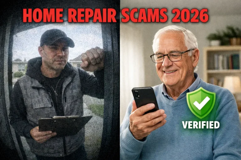 Split screen image showing a suspicious door-to-door home repair scammer on one side and a safe elderly homeowner using a verified phone service on the other with Home Repair Scams 2026 warning text.