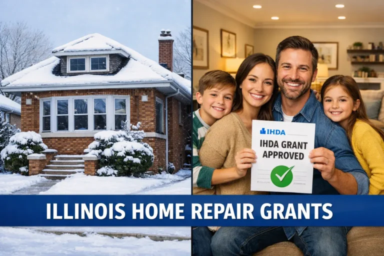 Illinois home repair grants showing Chicago bungalow in winter and family with IHDA grant approval