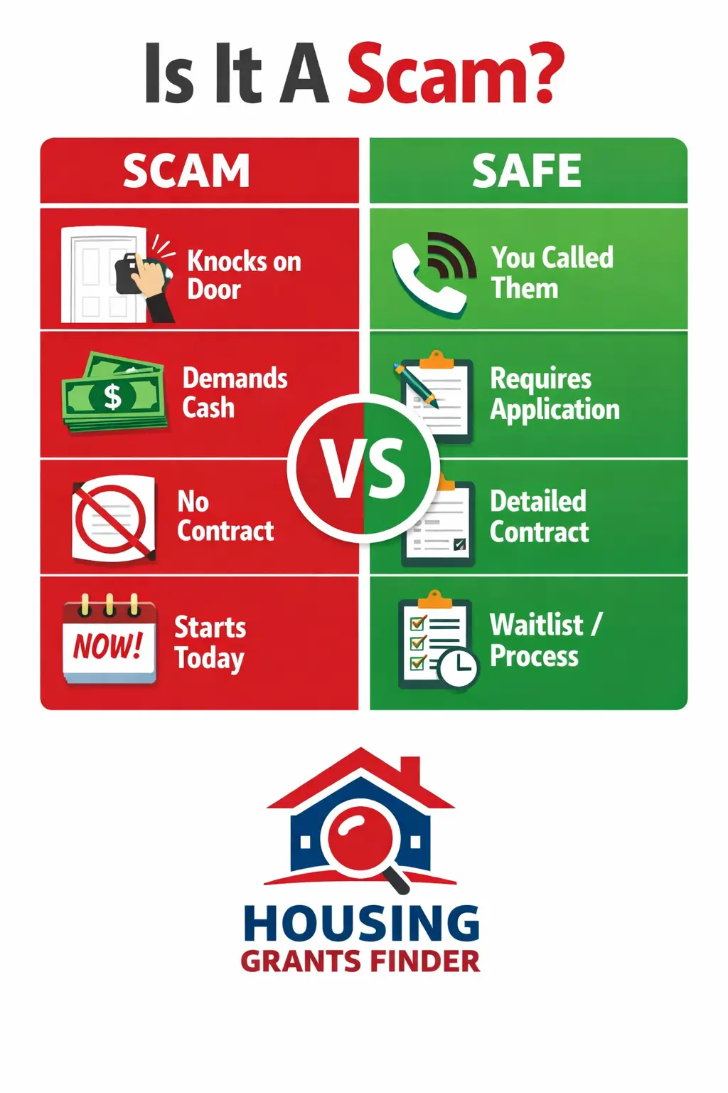 Flat vector infographic titled Is It A Scam showing red scam signs like knocking on door and cash demands versus green safe signs like application process and detailed contract.