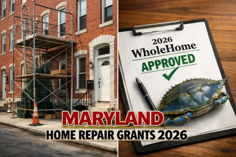 Baltimore row house with scaffolding next to a 2026 WholeHome approved grant document representing Maryland home repair grants