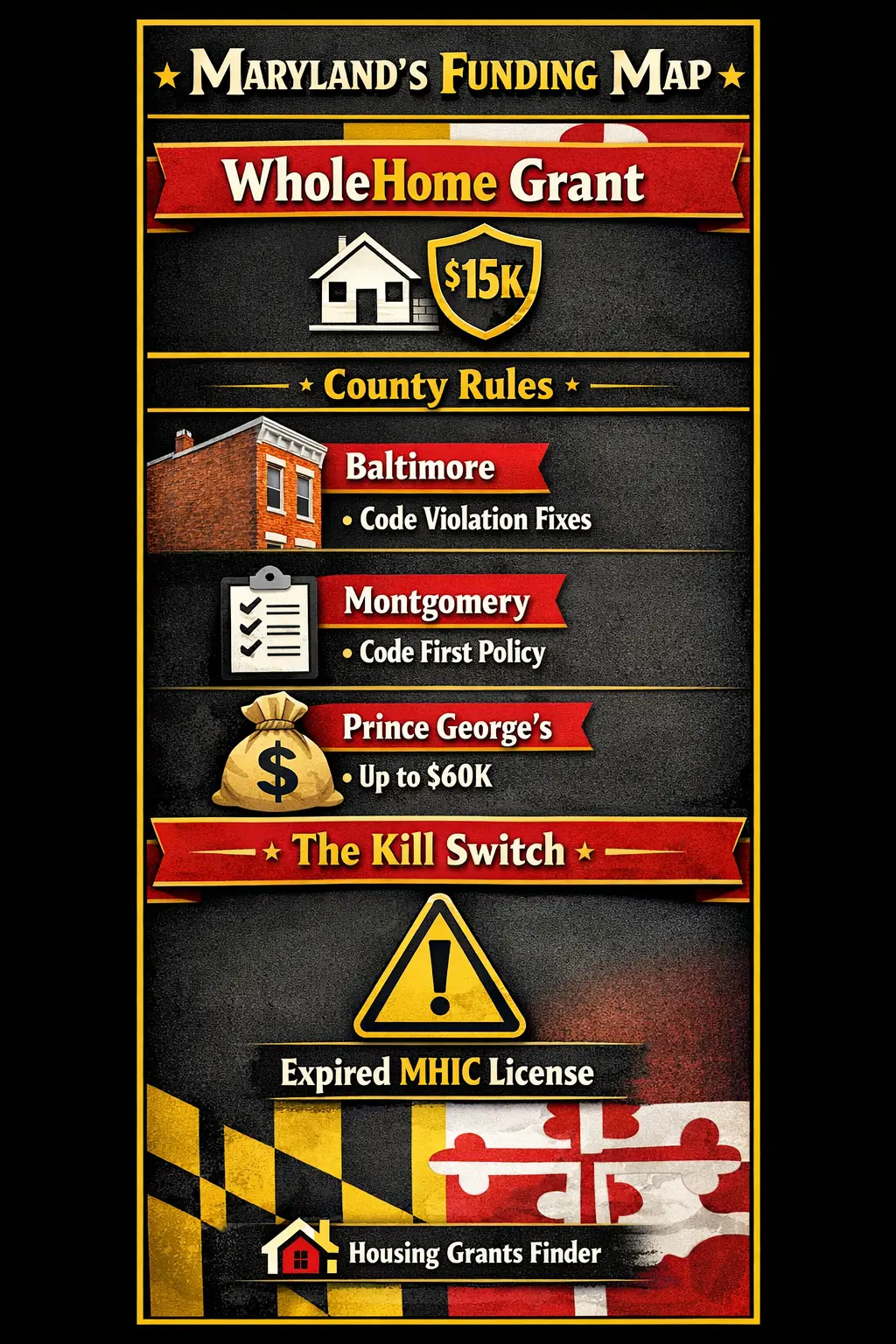 Maryland funding map infographic showing WholeHome grant, county repair rules, and MHIC license warning for home repair grants