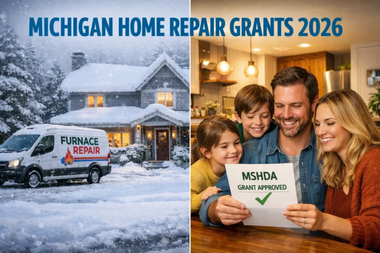 Split screen image of a snowy Michigan house with a furnace repair van and a happy family indoors reviewing an MSHDA grant approved letter for home repairs in 2026.