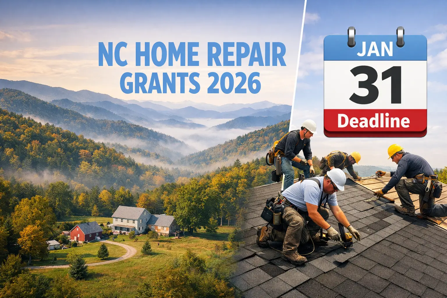 NC Home Repair Grants 2026 banner showing Blue Ridge Mountains, rural North Carolina home, roof repair workers, and January 31 application deadline