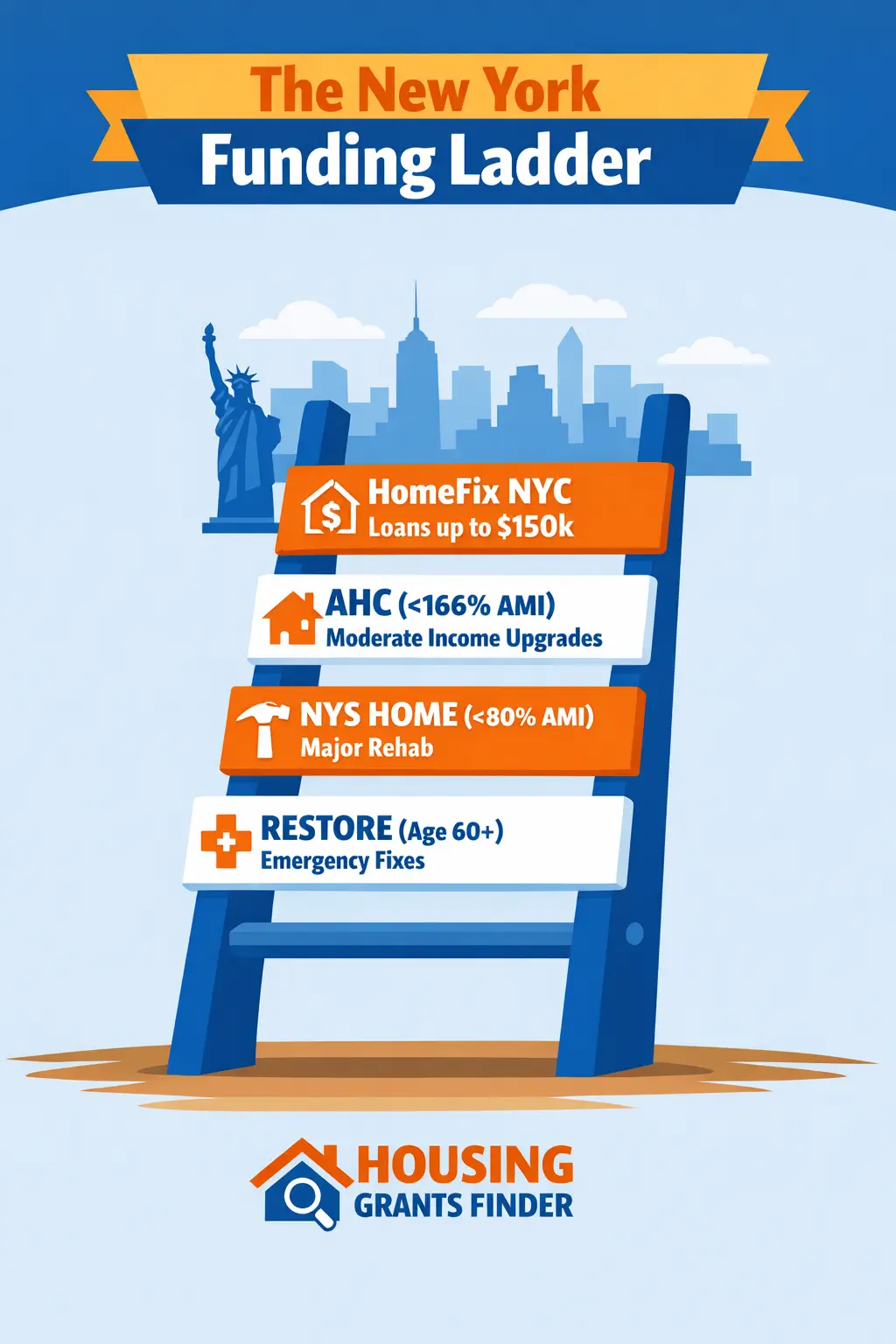 New York Funding Ladder infographic showing RESTORE NYS HOME AHC and HomeFix NYC home repair grant and loan programs for 2026