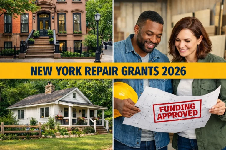 New York home repair grants 2026 showing NYC brownstone and Upstate cottage with homeowners reviewing blueprint marked funding approved