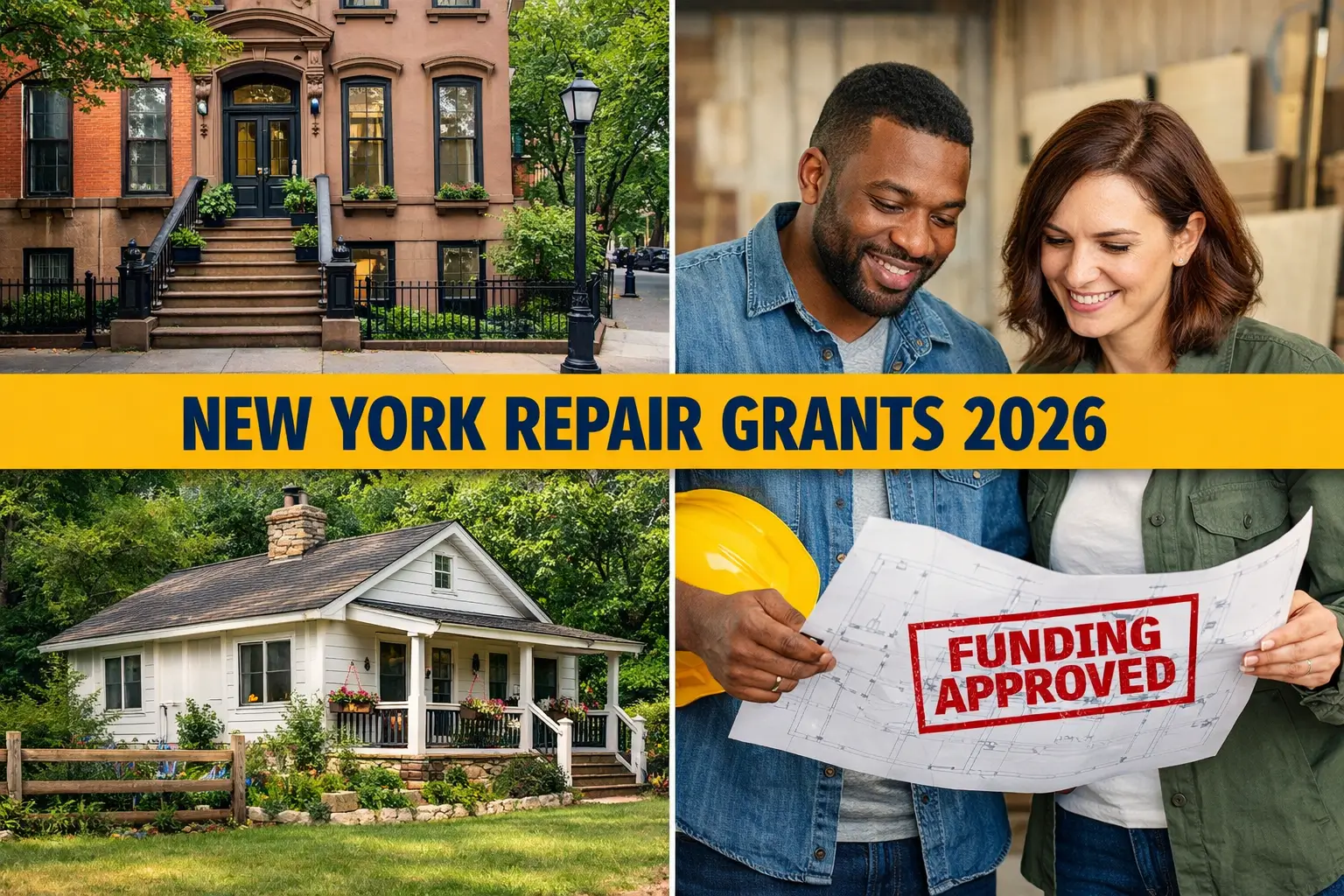 New York home repair grants 2026 showing NYC brownstone and Upstate cottage with homeowners reviewing blueprint marked funding approved