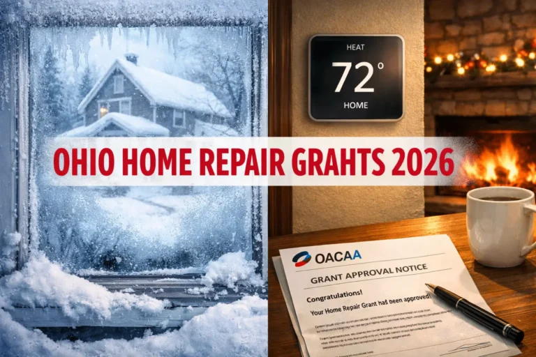 Split-screen image of a snowy Ohio house and a cozy indoor scene with a thermostat reading 72 and an OACAA grant approval letter, with text Ohio Home Repair Grants 2026.