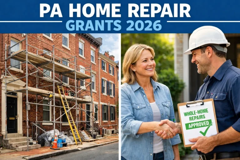 Pennsylvania home repair grants 2026 showing a Philadelphia rowhouse renovation and a homeowner receiving Whole-Home Repairs approval from a contractor