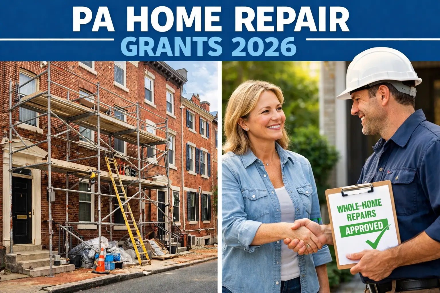 Pennsylvania Home Repair Grants 2026: Whole-Home & LIHEAP 1 Pennsylvania home repair grants 2026 showing a Philadelphia rowhouse renovation and a homeowner receiving Whole-Home Repairs approval from a contractor
