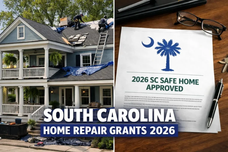 Split-screen image of a South Carolina Charleston-style home with a new roof installation and a document titled 2026 SC Safe Home Approved featuring a Palmetto tree logo.