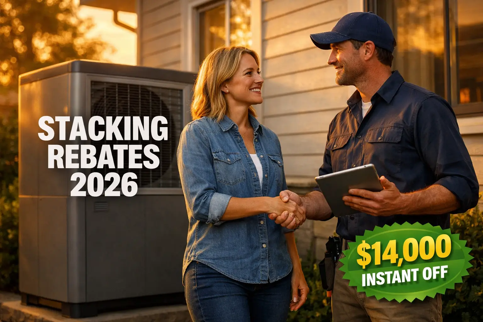 Homeowner shaking hands with HVAC contractor near a heat pump unit showing stacking rebates 2026 and $14,000 instant off savings