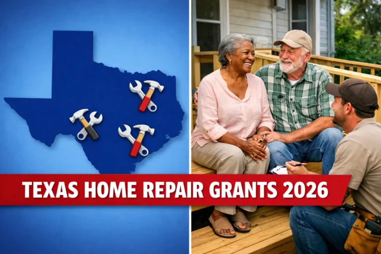 Texas home repair grants 2026 showing Texas map with repair icons and seniors on wheelchair ramp receiving accessibility help