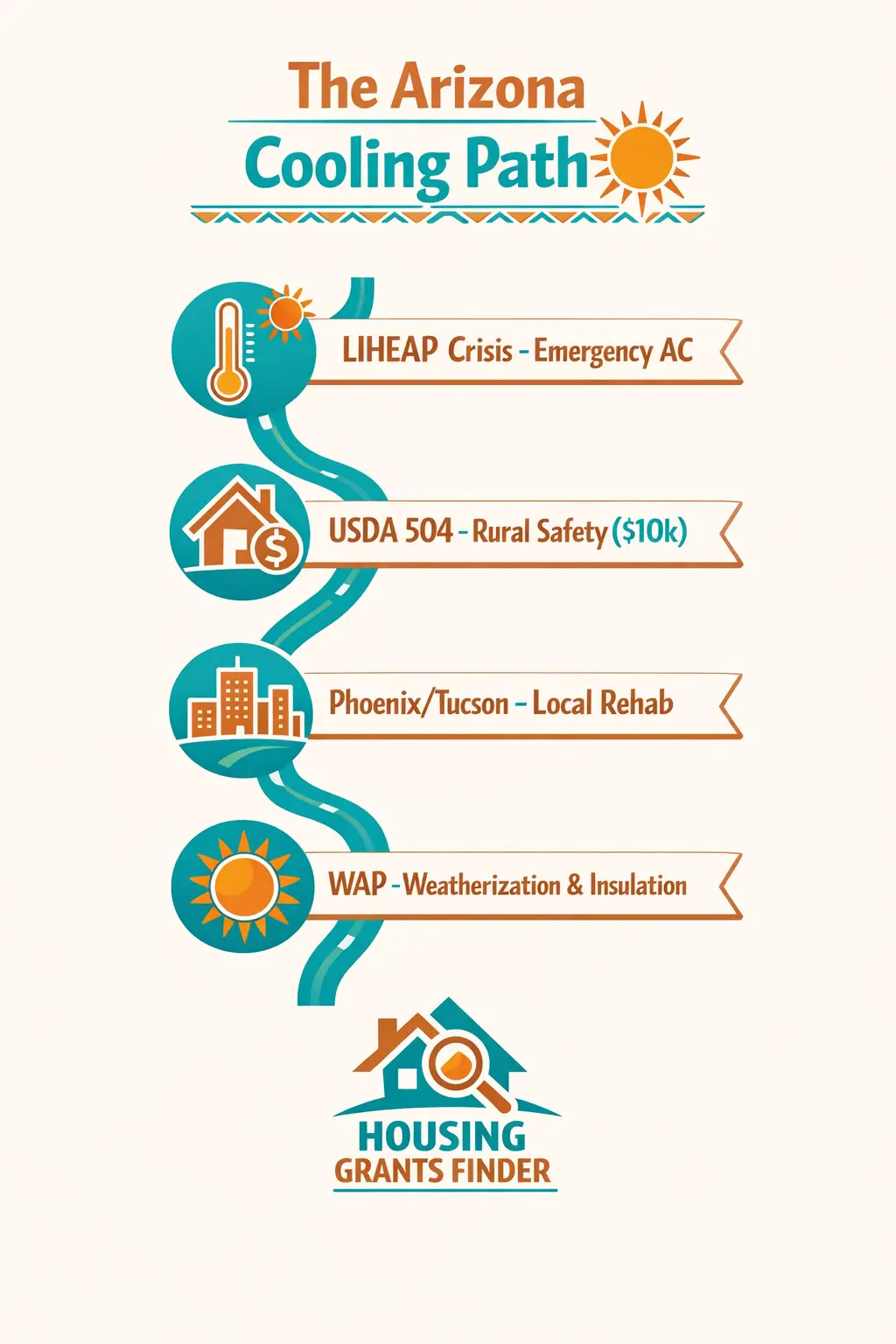Vertical infographic titled The Arizona Cooling Path showing LIHEAP emergency AC, USDA Section 504 rural safety grants, Phoenix and Tucson local rehab programs, and weatherization insulation assistance for Arizona homeowners