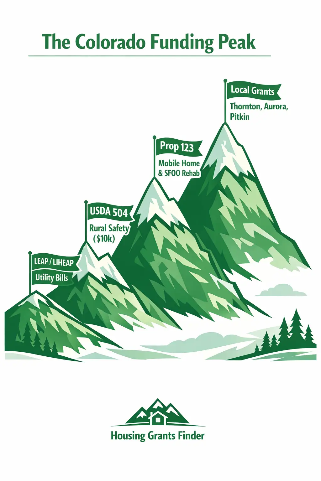 Colorado Funding Peak infographic showing LEAP LIHEAP, USDA 504, Prop 123, and local home repair grants for Colorado residents