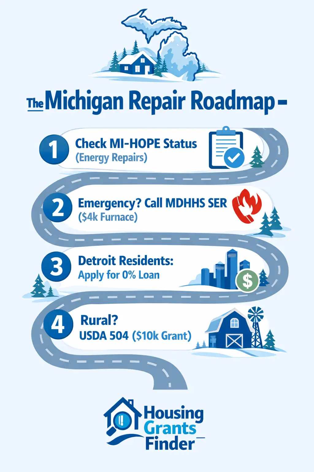 Vertical infographic titled The Michigan Repair Roadmap showing steps for MI HOPE energy repairs, MDHHS SER furnace assistance, Detroit zero percent loan, and USDA 504 rural home repair grants.