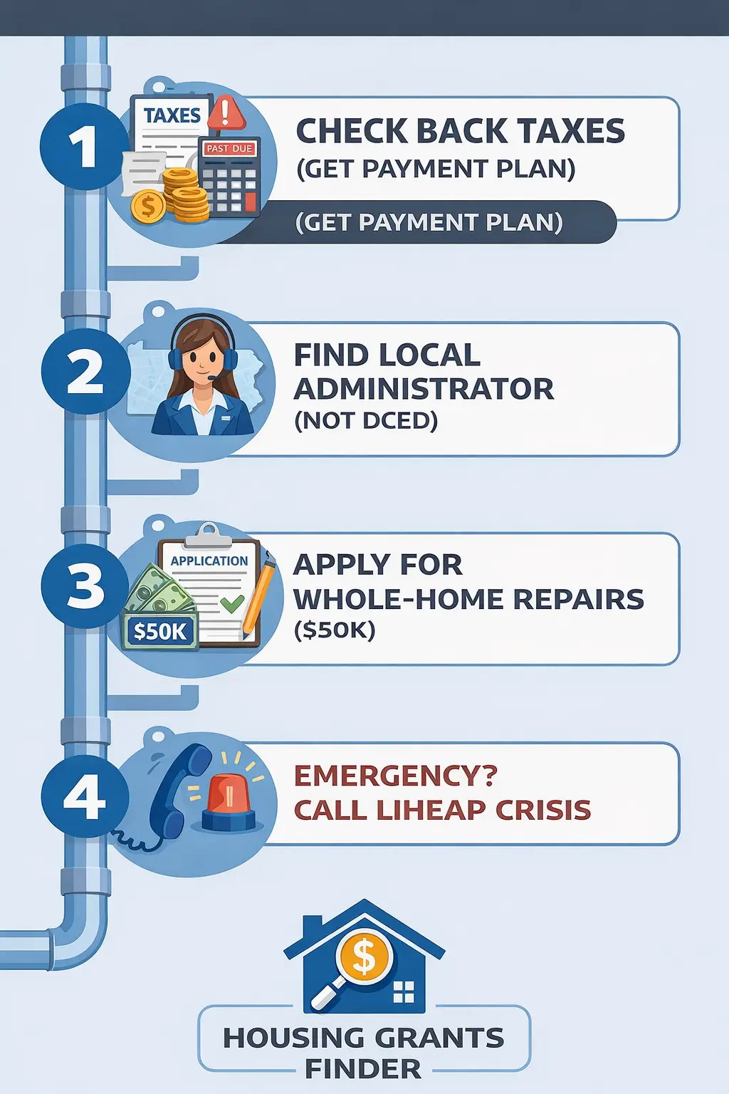 Pennsylvania Home Repair Grants 2026: Whole-Home & LIHEAP 2 The PA Funding Pipeline infographic showing steps to apply for Pennsylvania home repair grants, Whole-Home Repairs program, and LIHEAP Crisis assistance