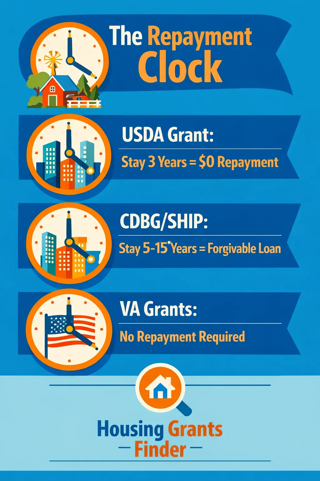 Infographic showing repayment timelines for USDA grants, CDBG and SHIP forgivable loans, and VA housing grants with no repayment required