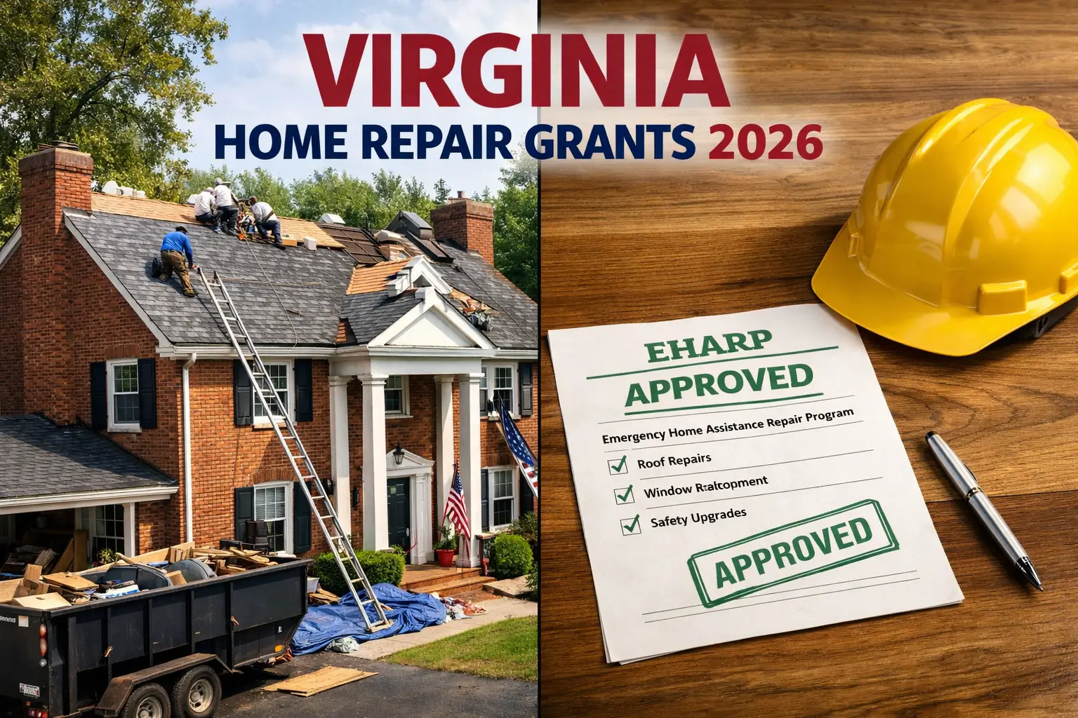 Virginia home repair grants 2026 showing roof repair on a red brick home and EHARP approved emergency housing assistance document