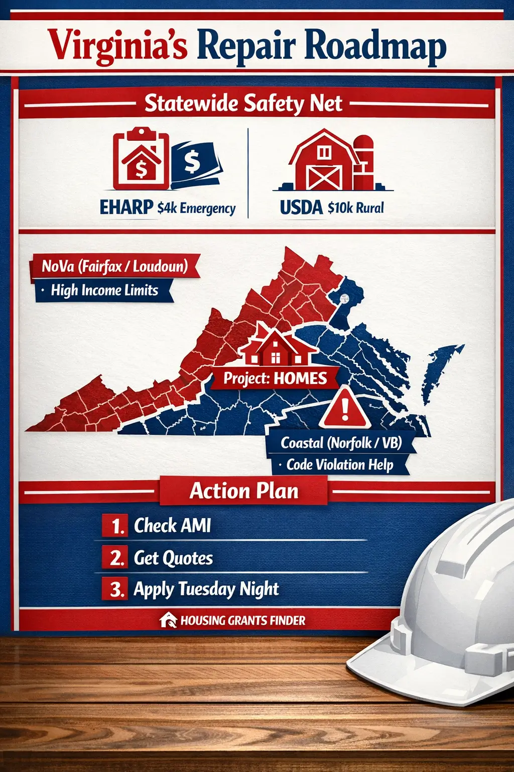 Virginia repair roadmap infographic showing EHARP, USDA rural grants, regional home repair programs, and application steps for 2026