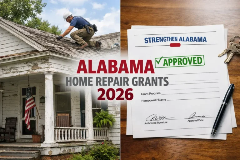 Alabama home repair grants 2026 showing roof inspection on an older Alabama house and Strengthen Alabama approved grant document