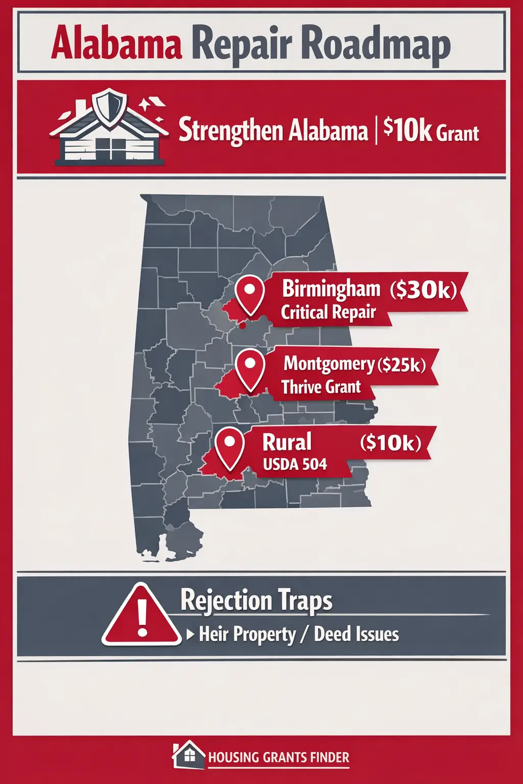 Alabama repair roadmap infographic showing Strengthen Alabama grant, Birmingham critical repair, Montgomery thrive grant, USDA 504 rural assistance, and deed rejection issues