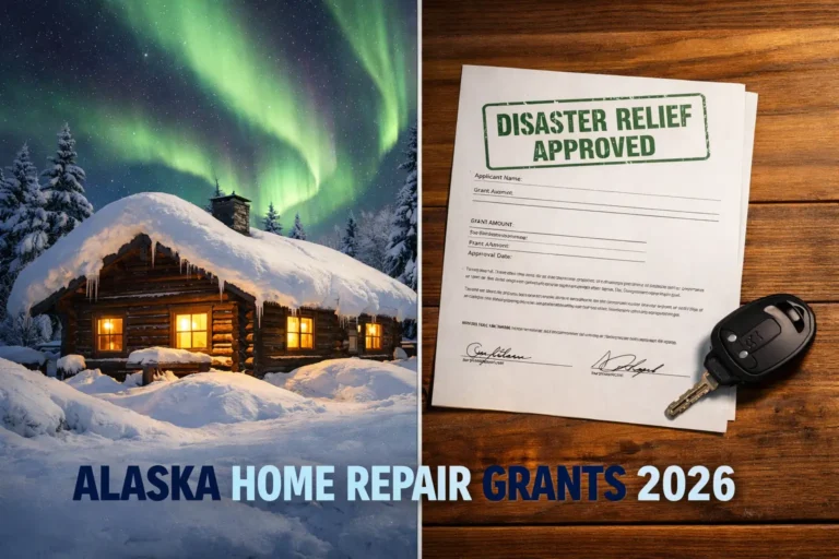 Split screen image of a snowy Alaska cabin with Northern Lights and a disaster relief approved document with snowmobile key representing Alaska home repair grants 2026.