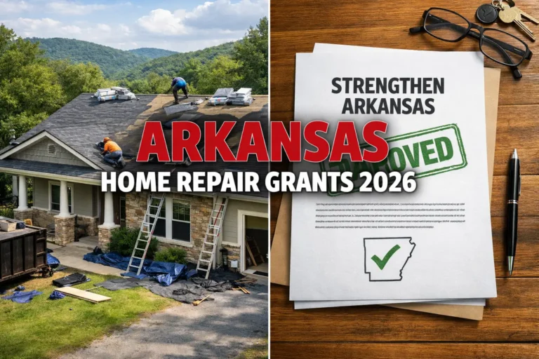 Split screen image of Arkansas home roof installation in the Ozarks and Strengthen Arkansas approved document for 2026 home repair grant funding.
