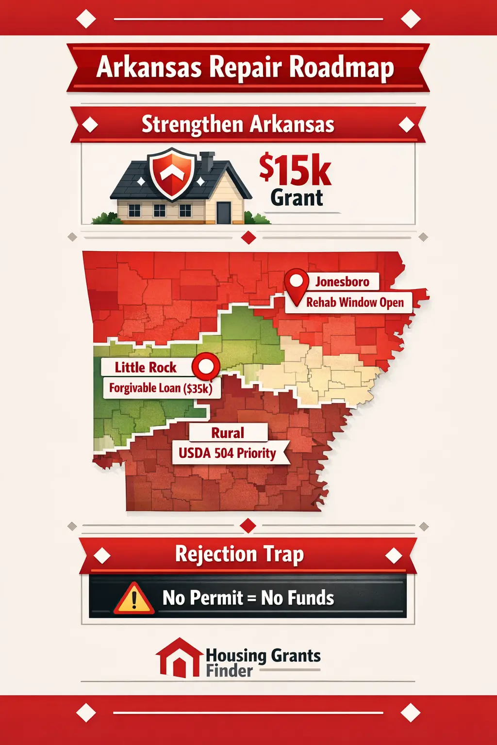 Arkansas Repair Roadmap infographic showing $15k Strengthen Arkansas grant, $35k Little Rock forgivable loan, Jonesboro rehab window open, USDA 504 rural priority, and no permit no funds warning.
