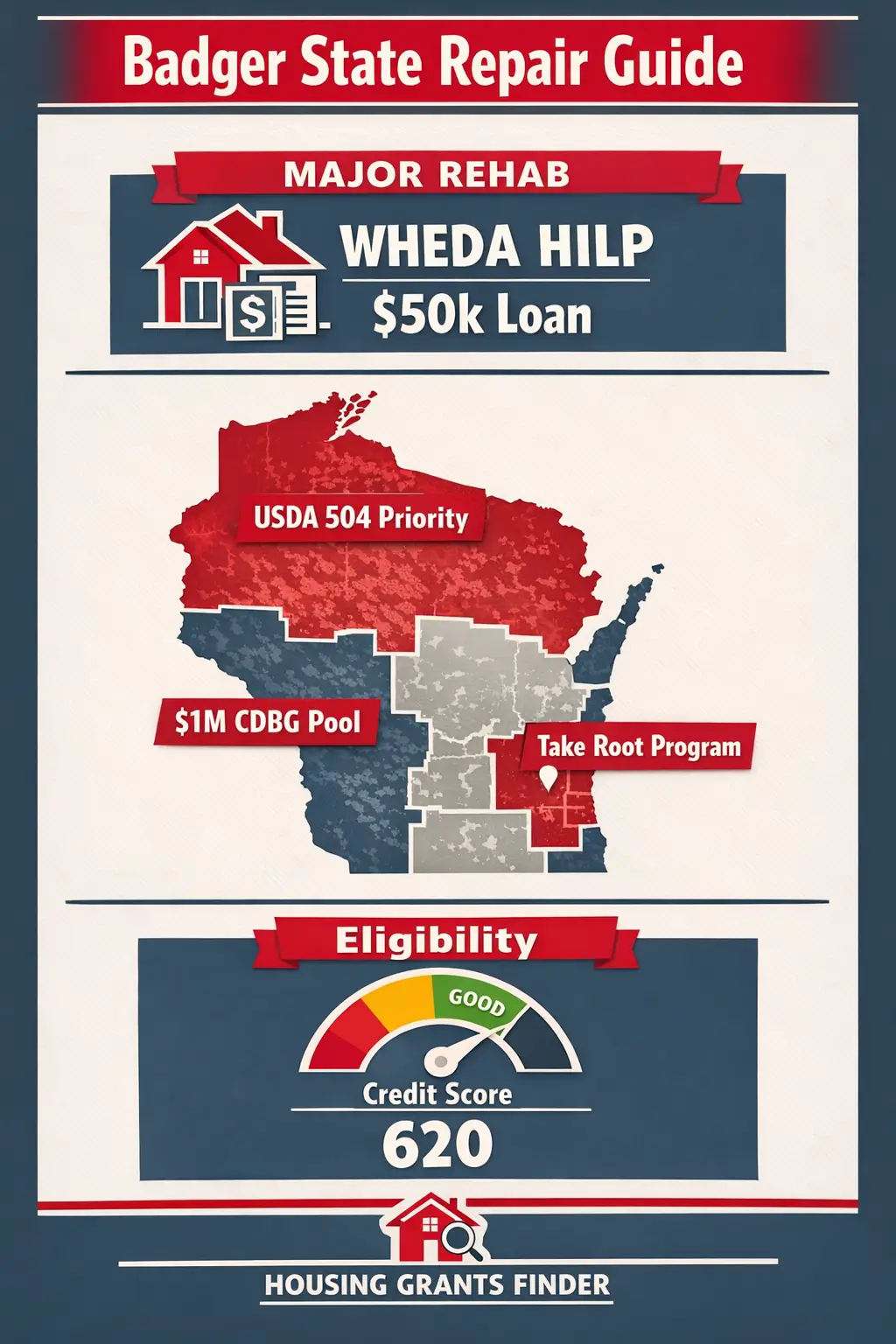 Vertical Wisconsin home repair infographic showing WHEDA HILP $50k loan, CDBG funding, Take Root Milwaukee program, USDA 504 priority, and 620 credit score eligibility requirement.