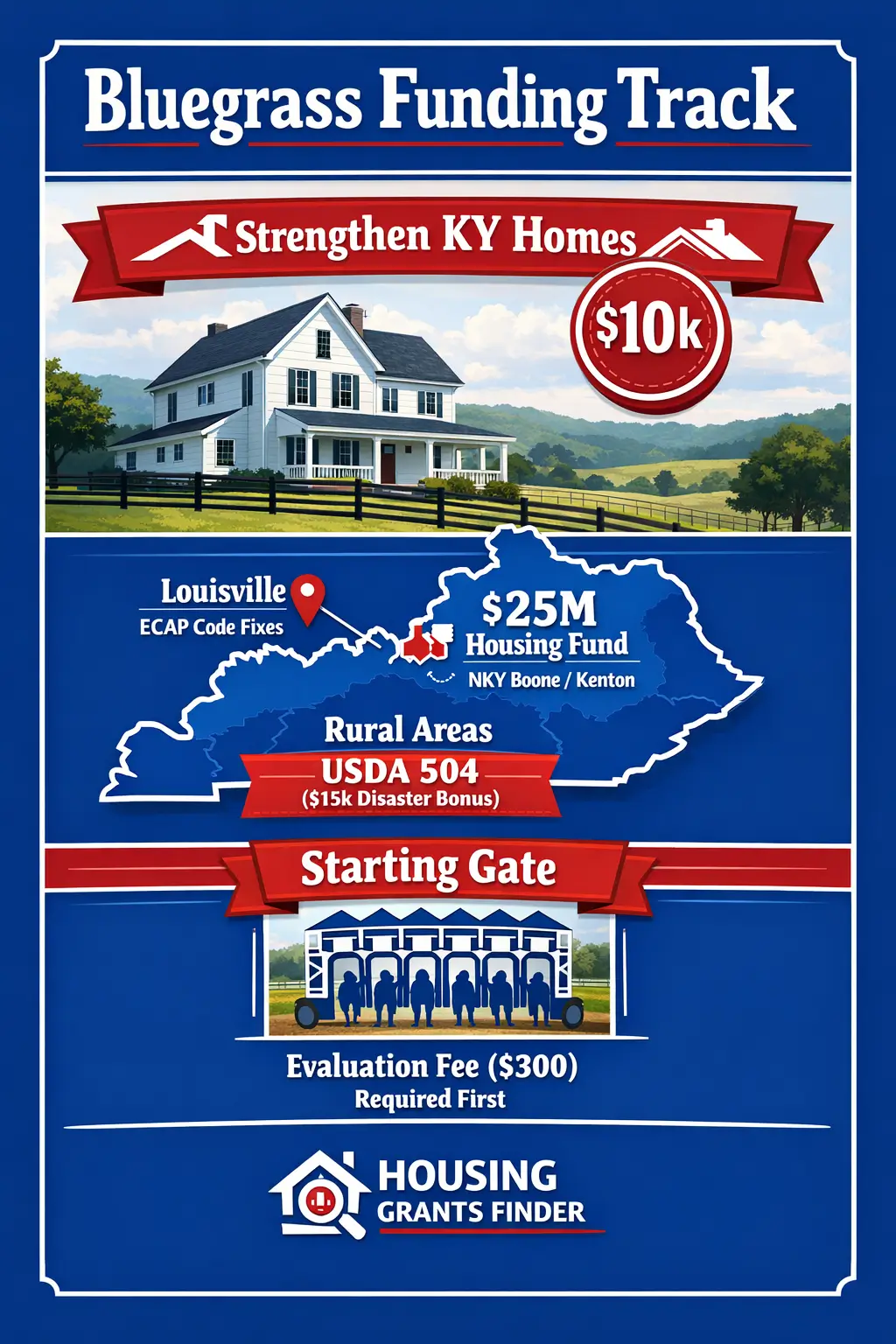 Vertical infographic titled Bluegrass Funding Track showing Kentucky map with Louisville ECAP Code Fixes, NKY 25 million Housing Fund, USDA 504 rural 15k disaster bonus, and evaluation fee 300 dollars required first.