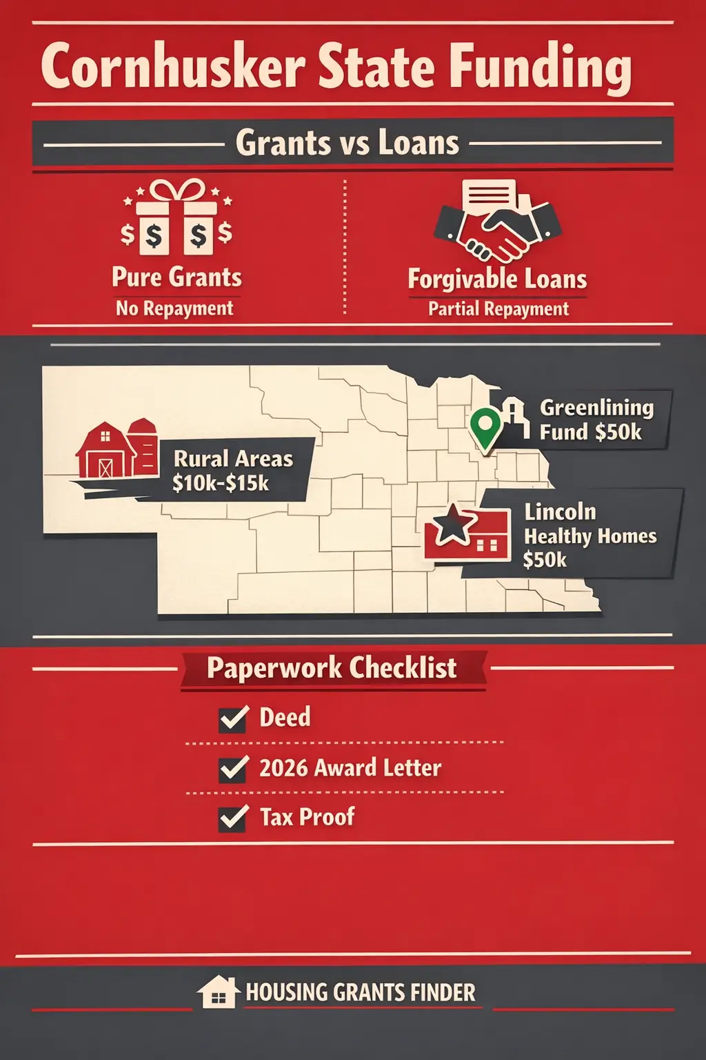 Vertical infographic titled Cornhusker State Funding showing Nebraska map with Omaha Greenlining Fund 50k, Lincoln Healthy Homes 50k, Rural USDA 504 10k to 15k, plus grants vs loans comparison and paperwork checklist.