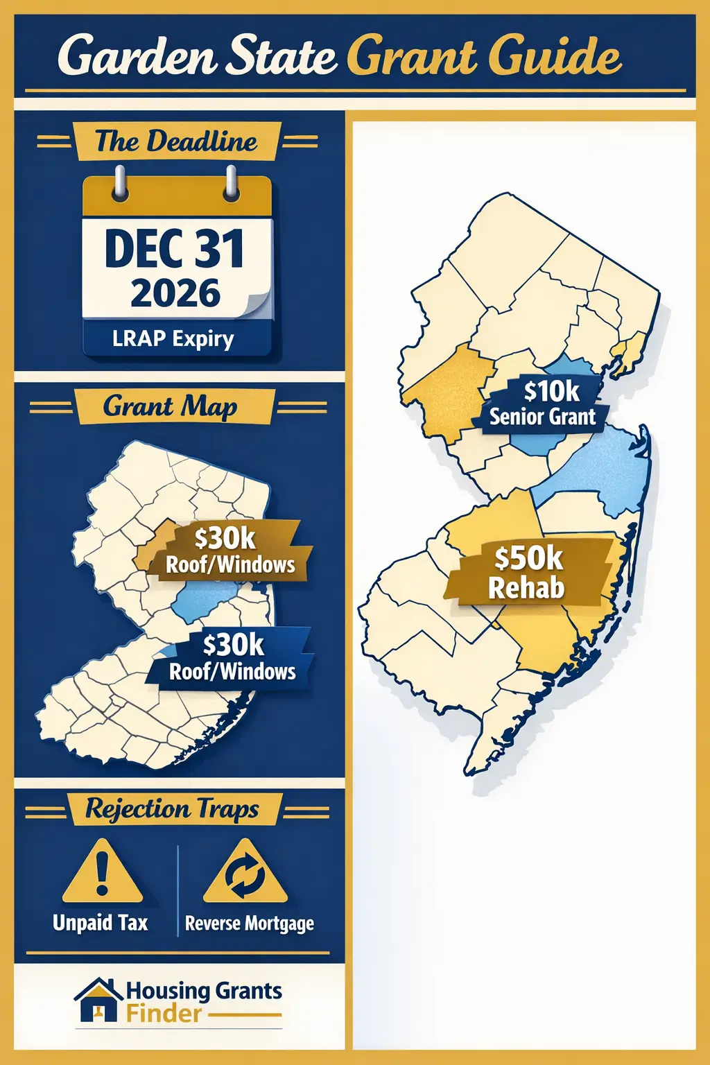 Garden State Grant Guide infographic showing LRAP deadline Dec 31 2026, NJ county highlights for Ocean Middlesex and Union, and warning icons for unpaid tax and reverse mortgage