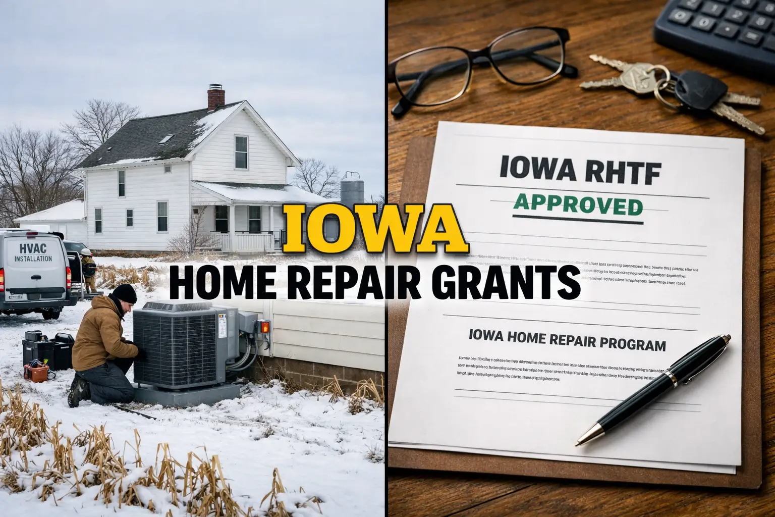 Split-screen image of a snowy Iowa farmhouse with HVAC installation on the left and an approved Iowa RHTF home repair grant document on the right.
