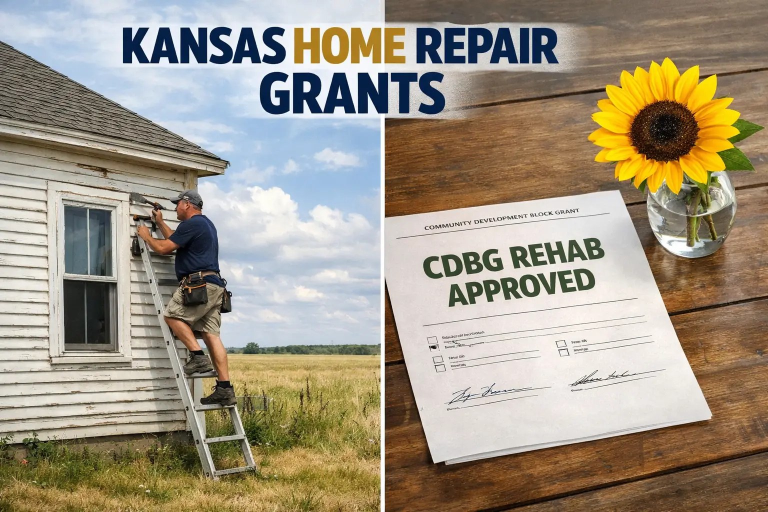 Split screen image of a Kansas prairie home being repaired by a contractor next to a CDBG rehab approved document with sunflower, representing Kansas home repair grants funding.