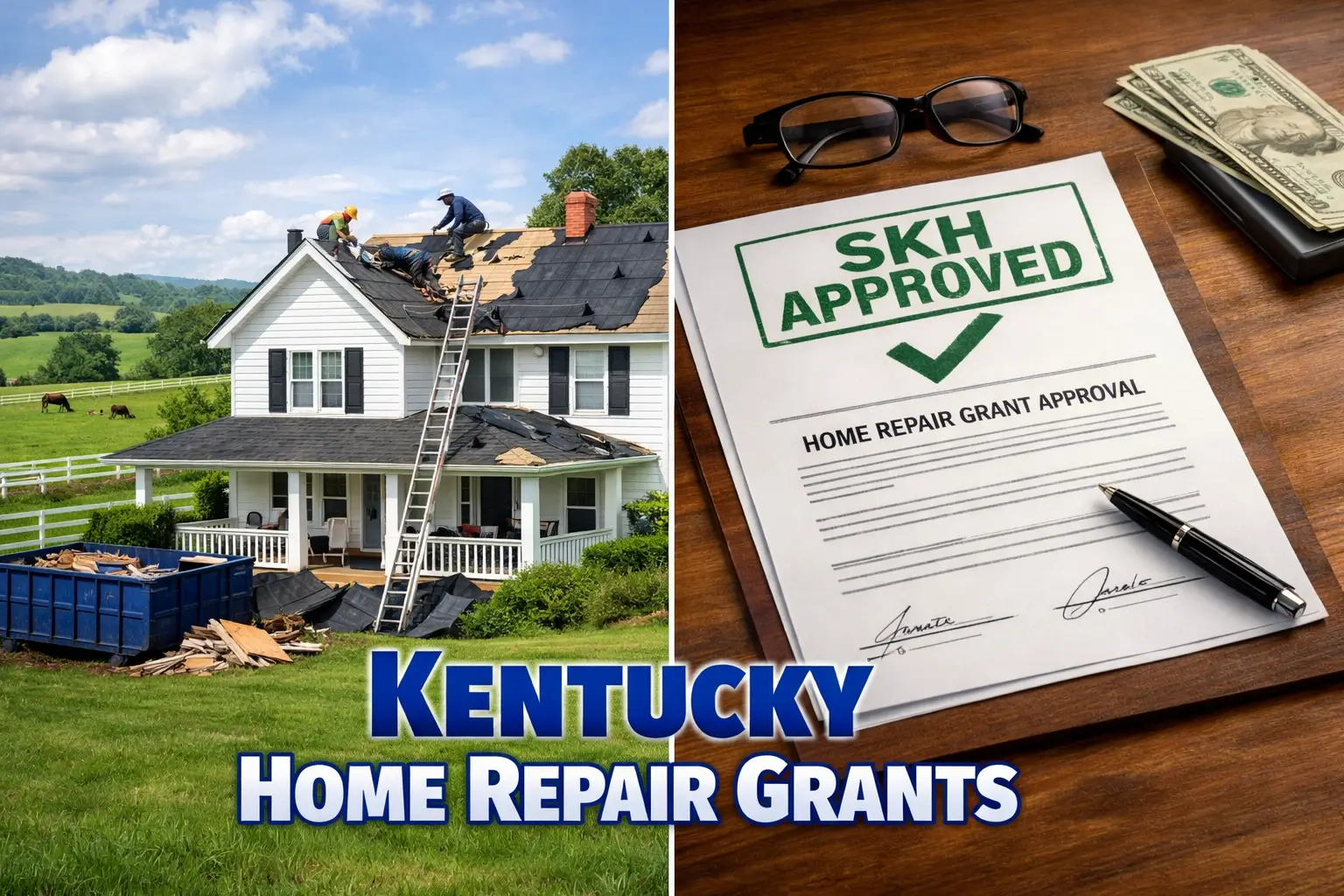 Split-screen image of a Kentucky white farmhouse with roof repair in green countryside next to an approved home repair grant document labeled SKH Approved on a wooden desk.