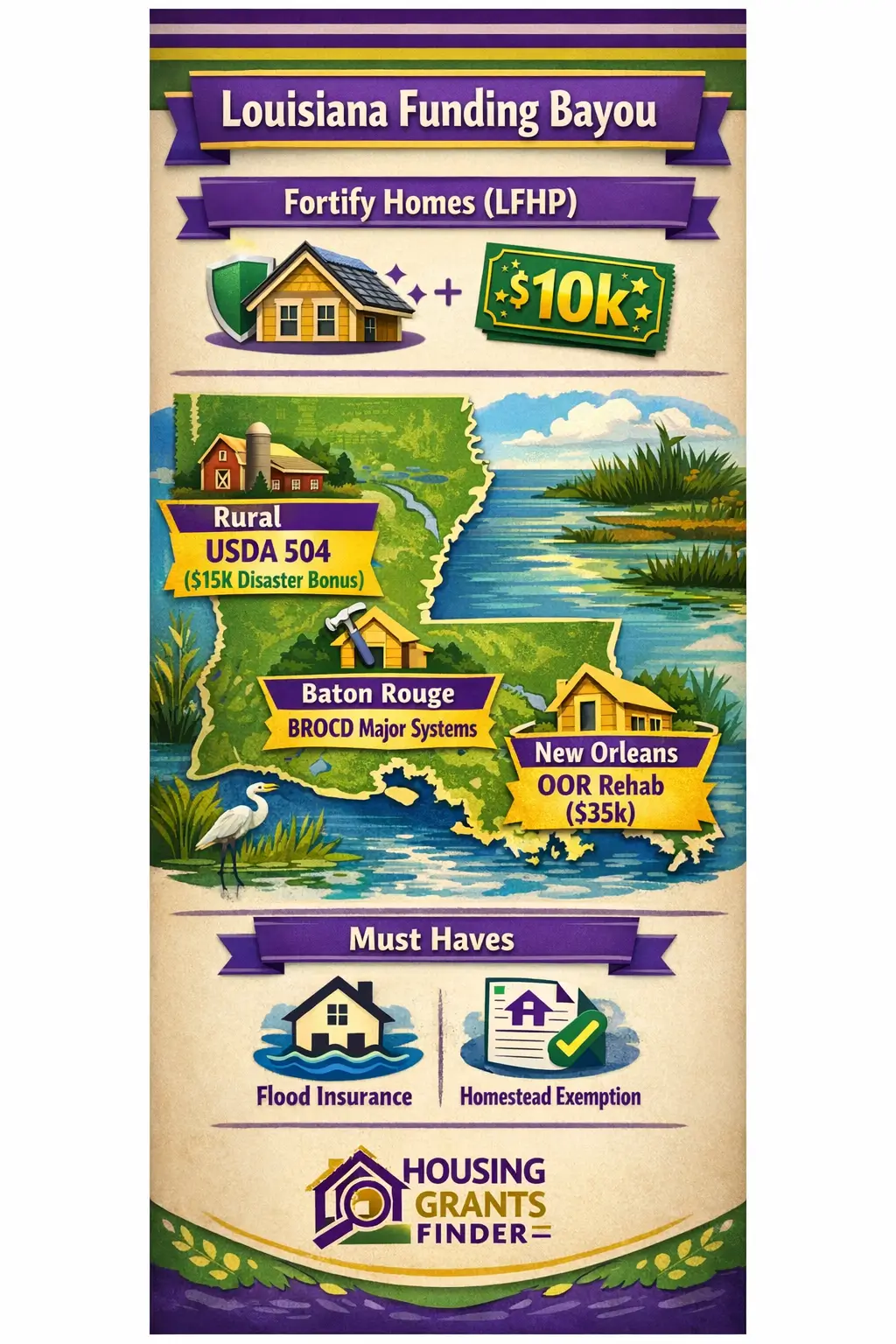 Vertical Louisiana Funding Bayou infographic showing LFHP $10k roof lottery, New Orleans OOR $35k rehab, Baton Rouge BROCD repairs, USDA 504 $15k disaster bonus, and icons for flood insurance and homestead exemption.